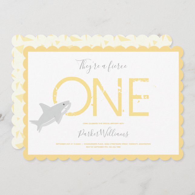 Fierce One Yellow Shark Animal First Birthday Invitation (Front/Back)
