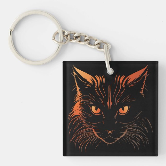 Fierce Orange-Eyed Cat Illustration Key Ring (Front)