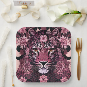 Fierce Pink Leopard Face Floral Paper Plate
