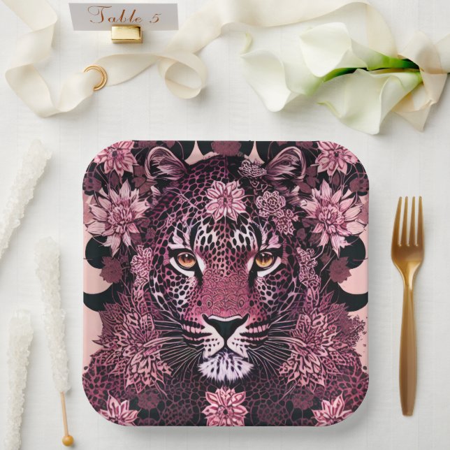 Fierce Pink Leopard Face Floral Paper Plate (Wedding)