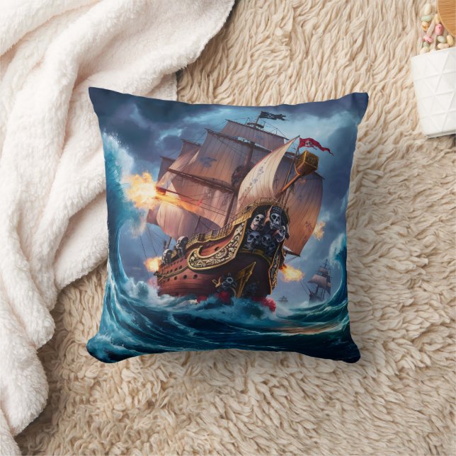 Fierce Pirate Ship Engaging Stormy Seas at Dusk Cushion (Blanket)