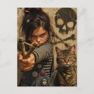 Fierce Rebel Girl with Slingshot & Badass Cat Postcard