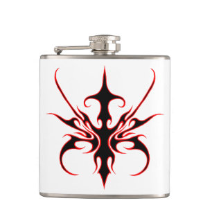 Fierce Red and Black Tribal Line Art Illustration Hip Flask
