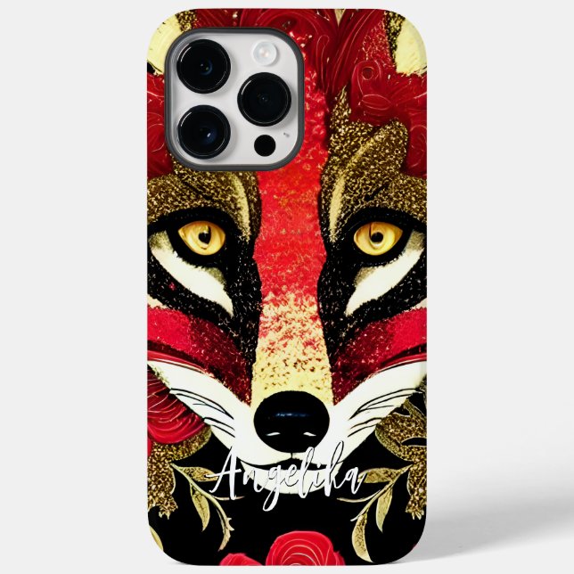 Fierce Red and Gold Fox with Custom Name Case-Mate iPhone Case (Back)