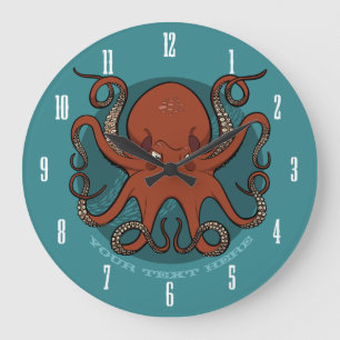 Fierce Red Octopus Tentacles Cartoon With Text Large Clock