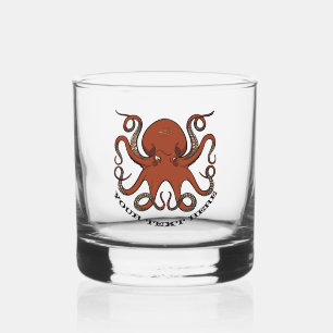 Fierce Red Octopus With Curling Tentacles Cartoon Whiskey Glass