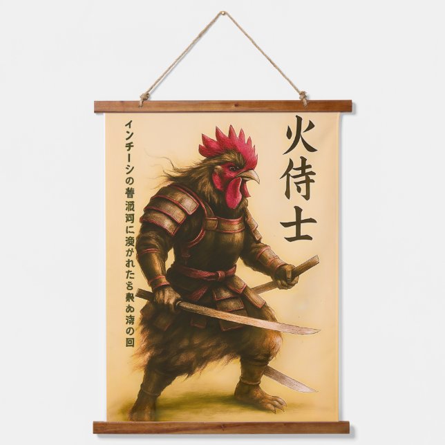 Fierce Rooster Samurai Warrior - Japanese Ink Hanging Tapestry (Front)