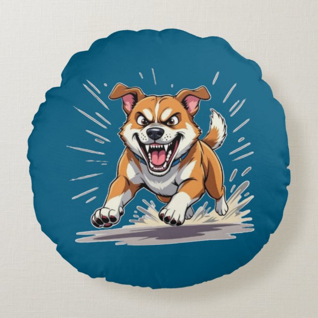 Fierce Running Dog – Power & Motion Illustration Round Cushion (Front)