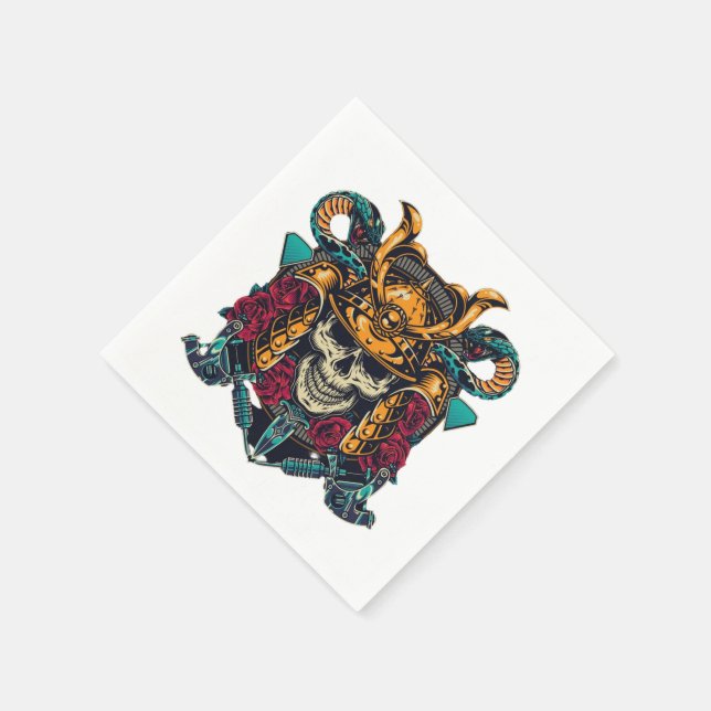 Fierce Samurai Skull Vintage Tattoo Art Napkin (Corner)