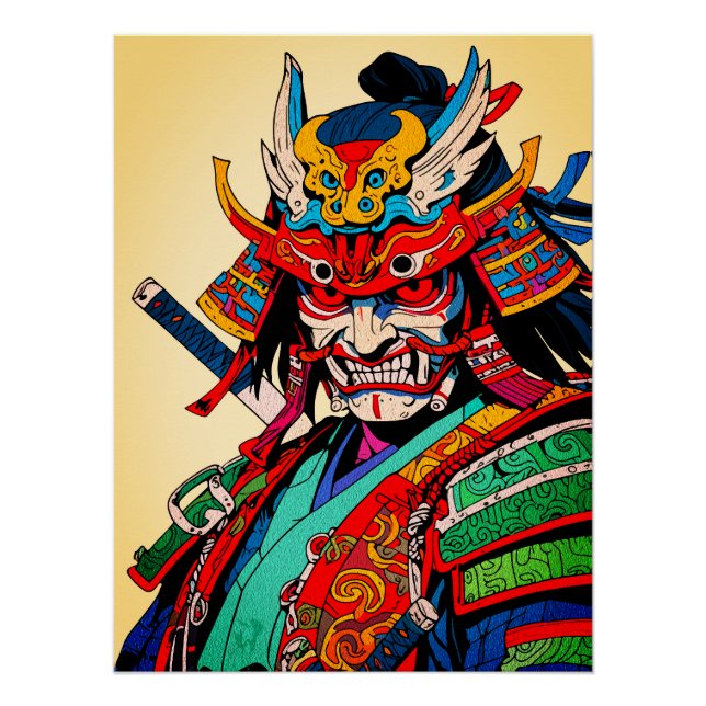 Fierce Samurai Warrior – Colourful Japanese Bushid Poster (Front)