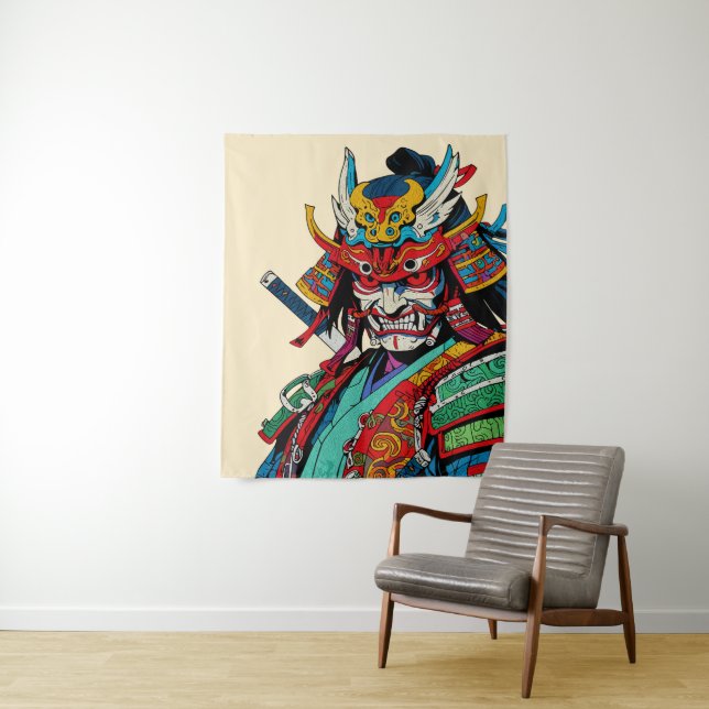 Fierce Samurai Warrior – Colourful Japanese Bushid Tapestry (In Situ)