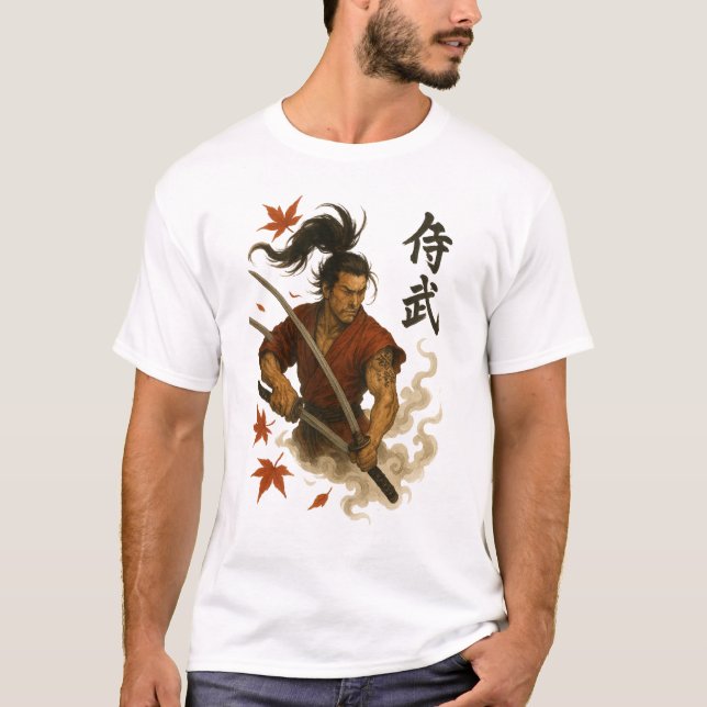Fierce Samurai Warrior – Dual Katana Ink Art Desig T-Shirt (Front)