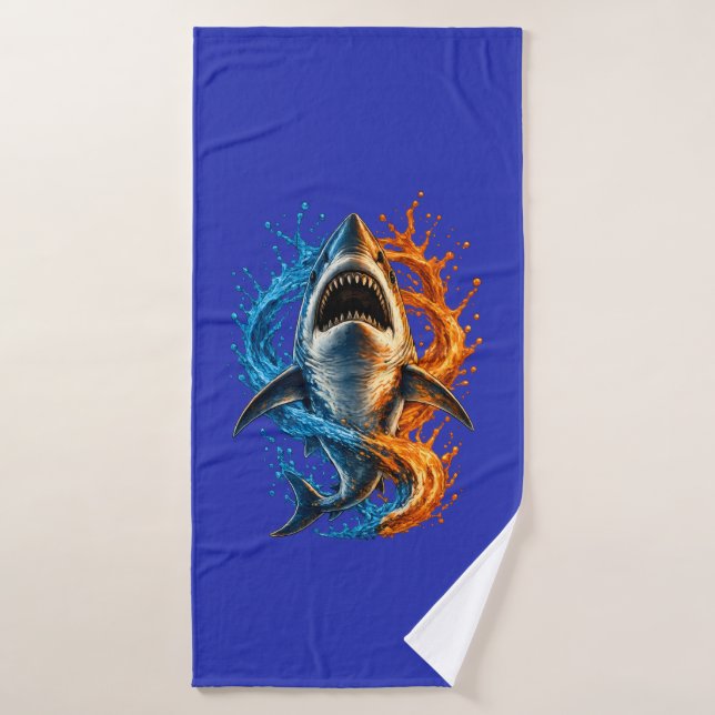 Fierce Shark Beach Towel – Blue & Orange Ocean Spl (Bath Towel)