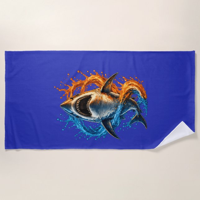 Fierce Shark Beach Towel – Blue & Orange Ocean Spl (Front)