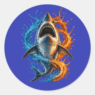Fierce Shark Splash Design – Blue & Orange Ocean P Classic Round Sticker