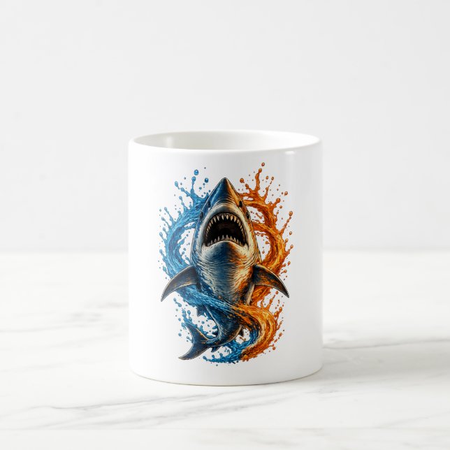 Fierce Shark Splash Design – Blue & Orange Ocean P Coffee Mug (Center)