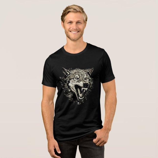 Fierce Snarling Wolf Head Illustration Tri-Blend Shirt (Front Full)