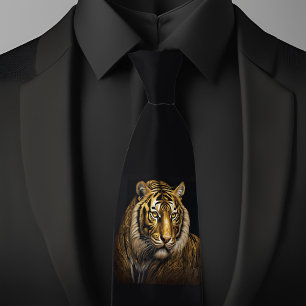 Fierce Tiger on Black Necktie