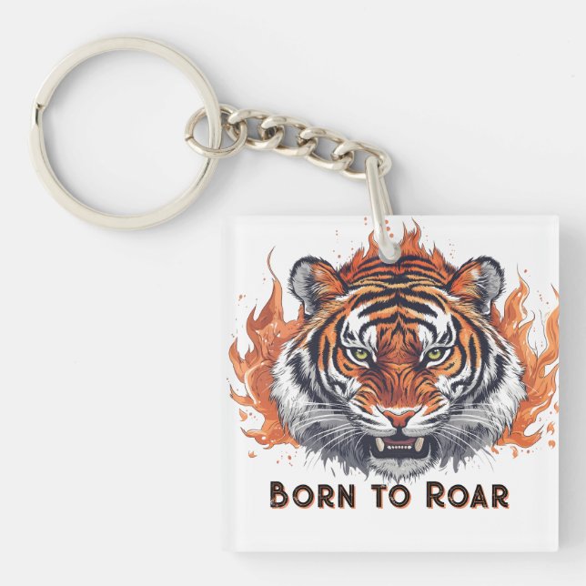 Fierce Tiger with Flames - Customizable Text Key Ring (Front)