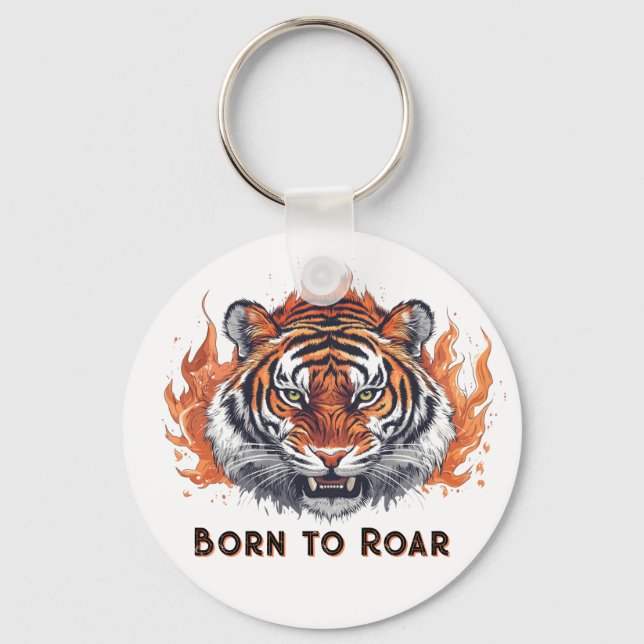 Fierce Tiger with Flames - Customizable Text Key Ring (Front)
