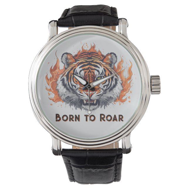 Fierce Tiger with Flames - Customizable Text Watch (Front)