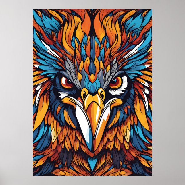 Fierce Tribal Hawk – Vibrant Feathers & Fiery Eyes Poster (Front)