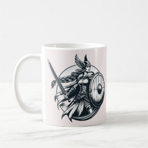 Fierce Valkyrie Warrior – Norse Mythology Line Art Coffee Mug