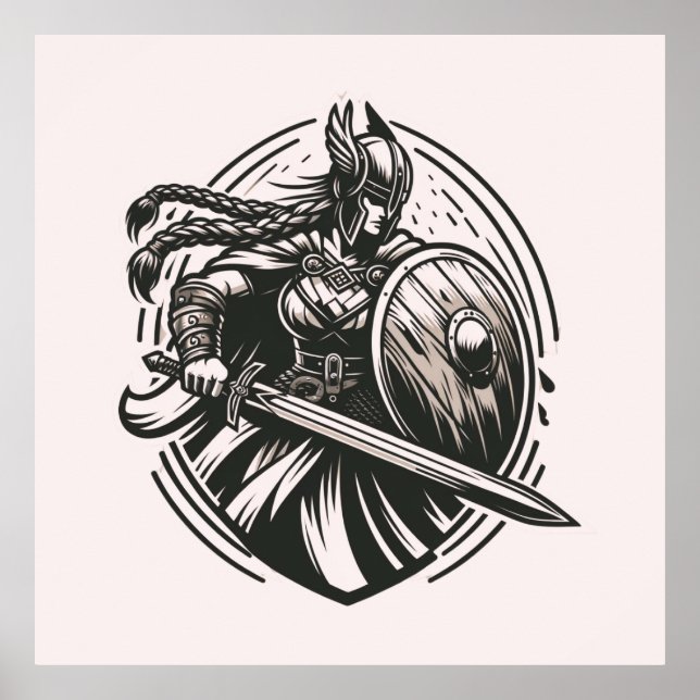Fierce Valkyrie Warrior – Norse Mythology Line Art Poster (Front)
