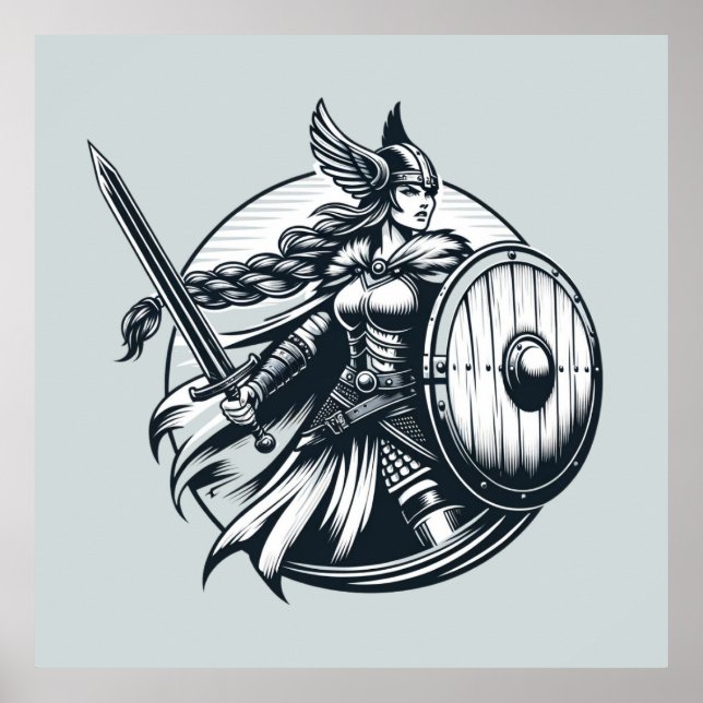 Fierce Valkyrie Warrior – Norse Mythology Line Art Poster (Front)