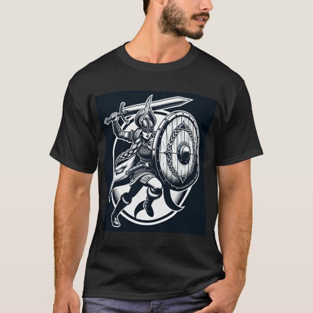 Fierce Valkyrie Warrior – Norse Mythology Line Art T-Shirt (Front)