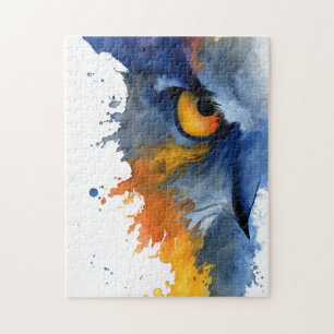 Fierce watercolor owl in blue and orange jigsaw puzzle