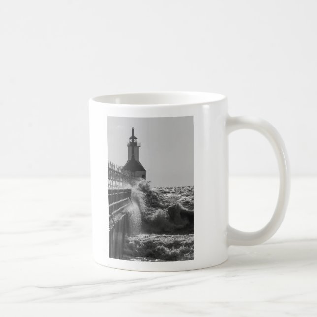Fierce Waves At St Joseph Grayscale Coffee Mug (Right)