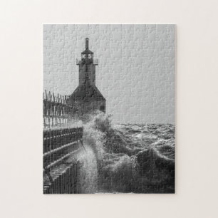 Fierce Waves At St Joseph Grayscale Jigsaw Puzzle