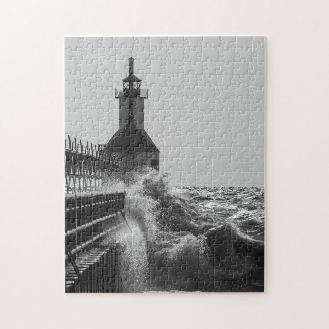 Fierce Waves At St Joseph Grayscale Jigsaw Puzzle (Vertical)
