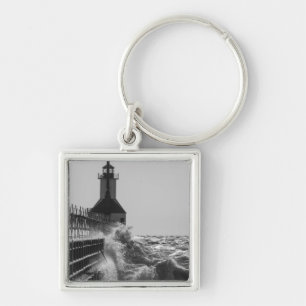 Fierce Waves At St Joseph Grayscale Key Ring