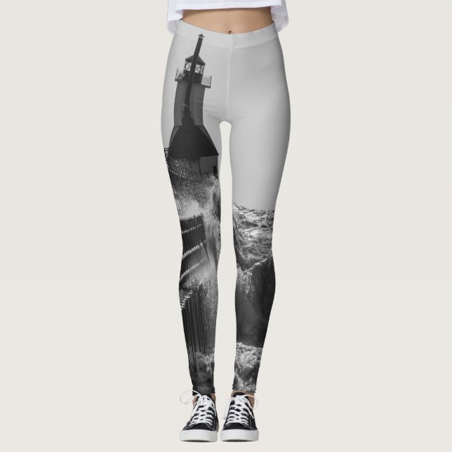 Fierce Waves At St Joseph Grayscale Leggings (Front)