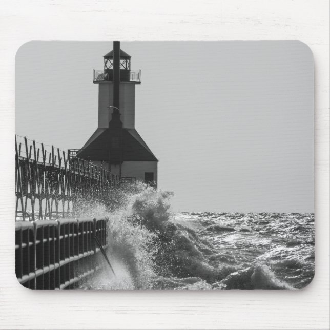 Fierce Waves At St Joseph Grayscale Mouse Pad (Front)