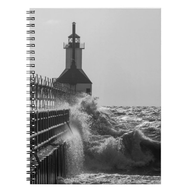 Fierce Waves At St Joseph Grayscale Notebook (Front)
