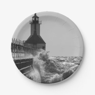 Fierce Waves At St Joseph Grayscale Paper Plate