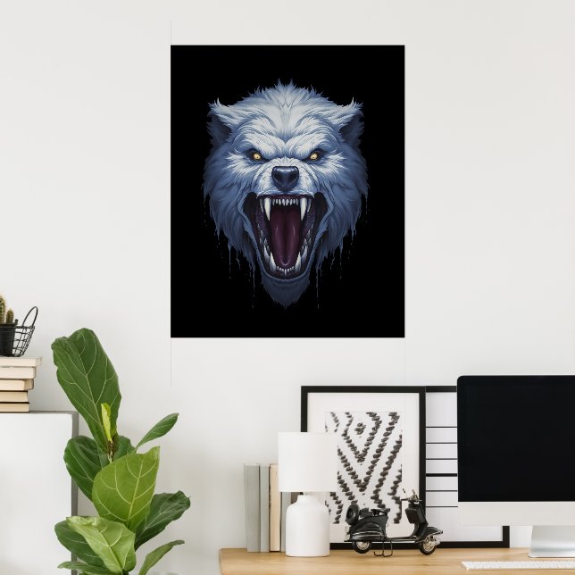 Fierce White Wolf Head Dark Fantasy Illustration Poster (Home Office)