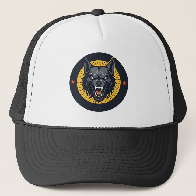 Fierce Wolf Illustration with Circular Design Trucker Hat (Front)