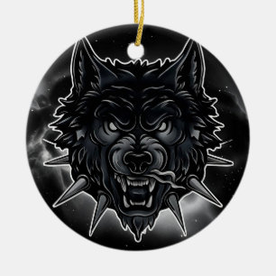 Fierce Wolf Illustration with Spiked Collar Ceramic Ornament