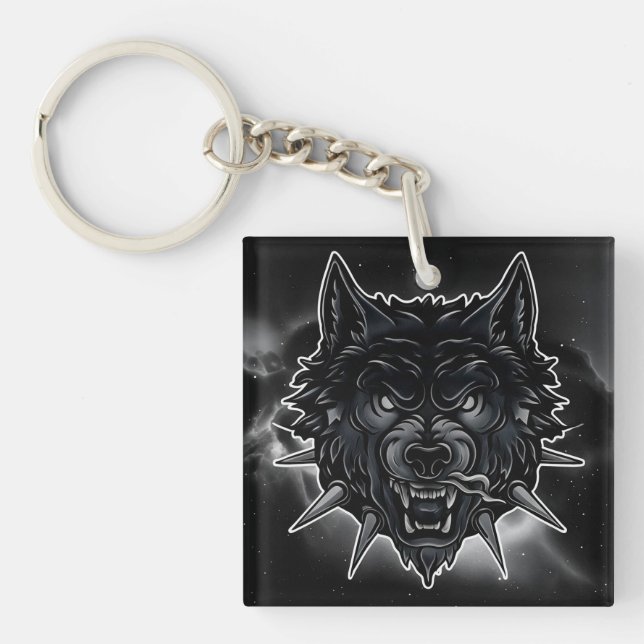 Fierce Wolf Illustration with Spiked Collar Key Ring (Front)