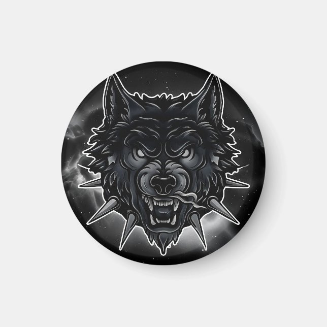 Fierce Wolf Illustration with Spiked Collar Magnet (Front)