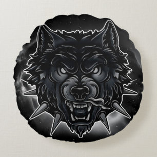 Fierce Wolf Illustration with Spiked Collar Round Cushion