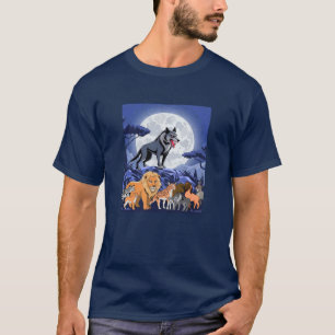 Fierce Wolf Under Full Moon with Jungle Animals –  T-Shirt