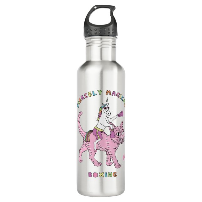 Fiercely Magical Boxing Unicorn Riding Cat 710 Ml Water Bottle (Front)