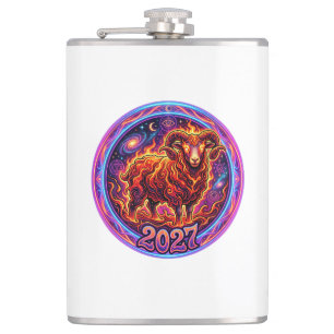 Fiery Aries Zodiac Ram 2027 Hip Flask