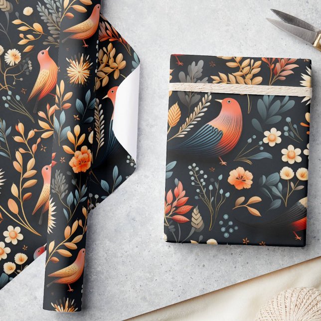 Fiery Autumn Elegance Wild Birds & Florals, Black Wrapping Paper (Creator Uploaded)