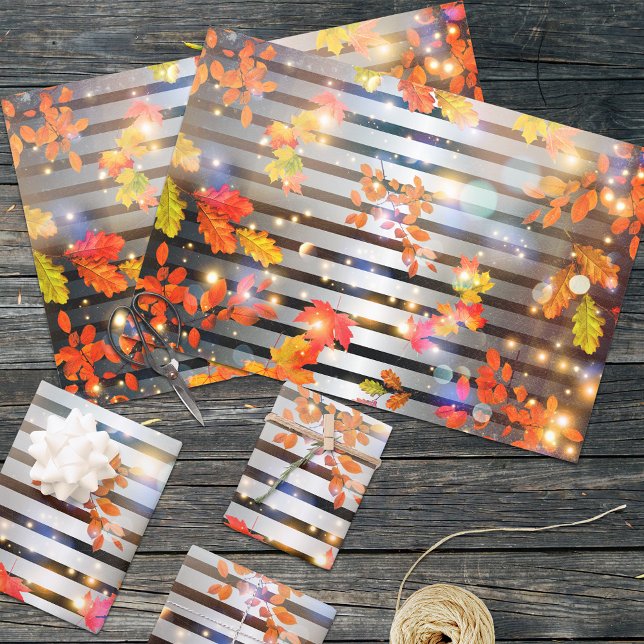 Fiery Autumn Foliage Silver Black Stripe Glamour  Wrapping Paper Sheet (Creator Uploaded)